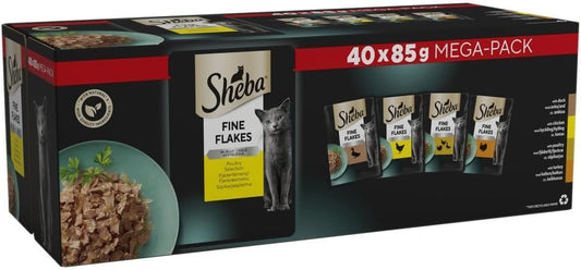 Sheba Fine Flakes Poultry Collection in Jelly 40 Pouches, Adult Wet Cat Food, Megapack (40 x 85 g)