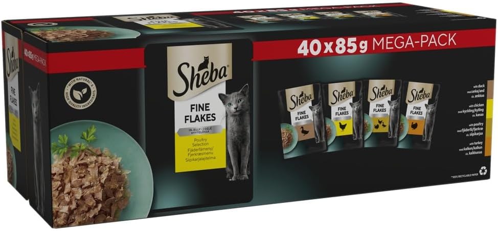 Sheba Fine Flakes Poultry Collection in Jelly 40 Pouches, Adult Wet Cat Food, Megapack (40 x 85 g)