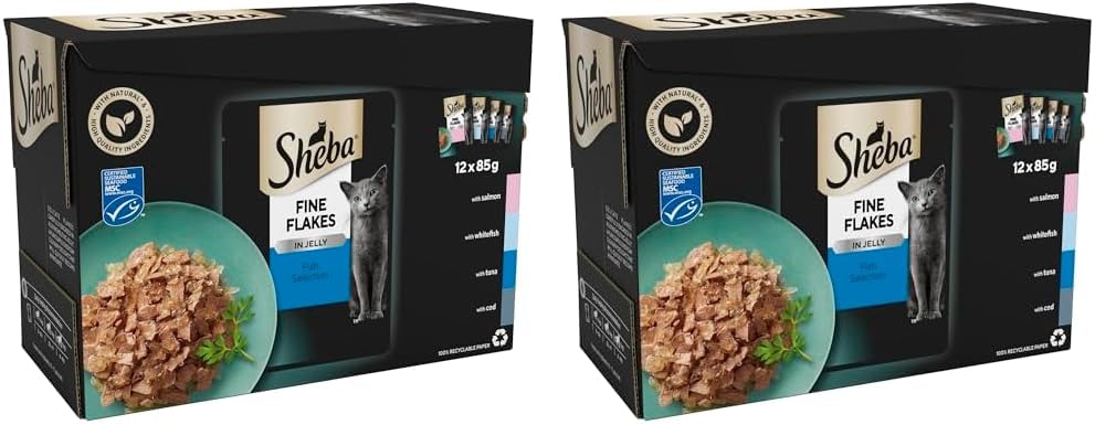 Sheba Fine Flakes Wet Cat Food Pouches - MultiPack Succulent Collection with Beef, Chicken, Lamb and Turkey in Jelly, Pack of 4 (4 x 12 Pouches x 85 g)
