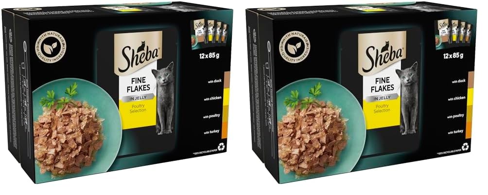 Sheba Fine Flakes Wet Cat Food Pouches - MultiPack Succulent Collection with Beef, Chicken, Lamb and Turkey in Jelly, Pack of 4 (4 x 12 Pouches x 85 g)