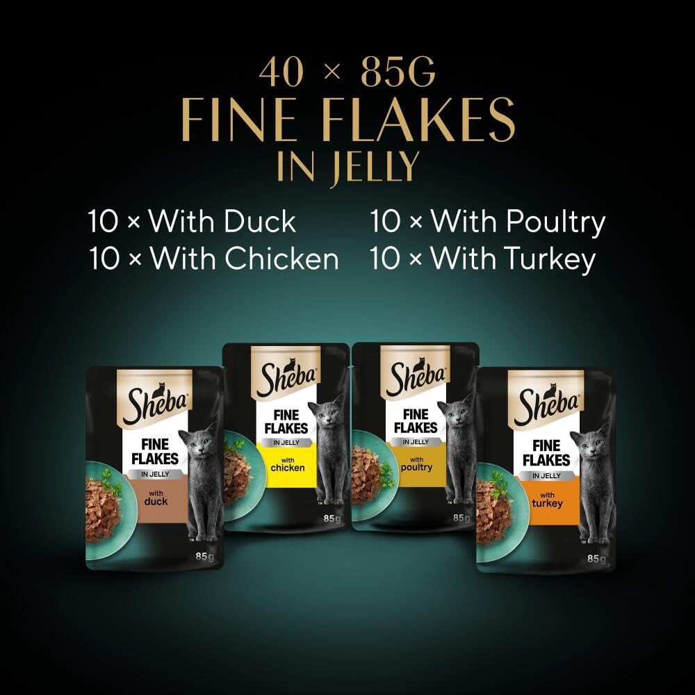 Sheba Fine Flakes Poultry Collection in Jelly 40 Pouches, Adult Wet Cat Food, Megapack (40 x 85 g)