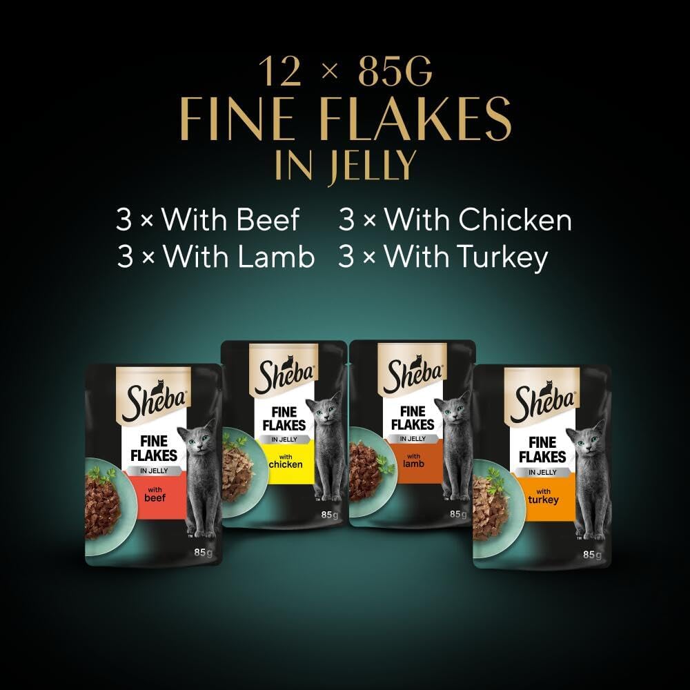 Sheba Fine Flakes Wet Cat Food Pouches - MultiPack Succulent Collection with Beef, Chicken, Lamb and Turkey in Jelly, Pack of 4 (4 x 12 Pouches x 85 g)