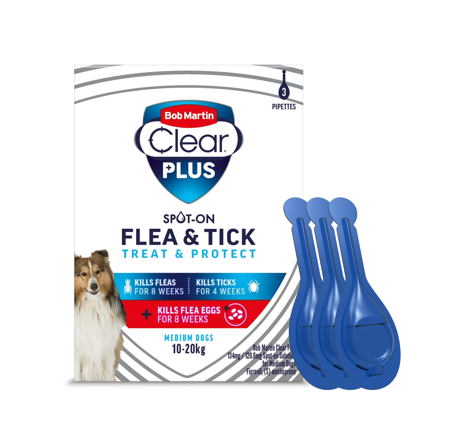 Bob Martin Clear Plus Spot On Flea Treatment for Small Dogs (2-10kg) - Kills Fleas, Ticks, Lice and Flea Eggs (3 Pipettes)