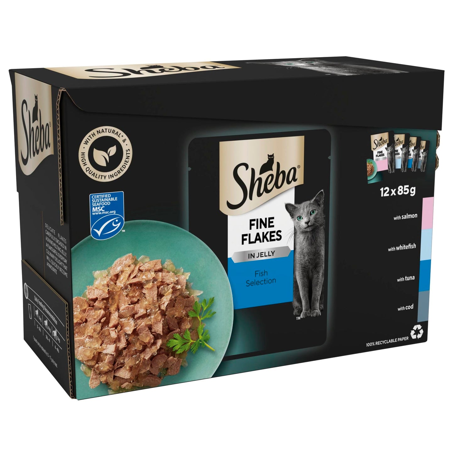 Sheba Fine Flakes Wet Cat Food Pouches - MultiPack Succulent Collection with Beef, Chicken, Lamb and Turkey in Jelly, Pack of 4 (4 x 12 Pouches x 85 g)