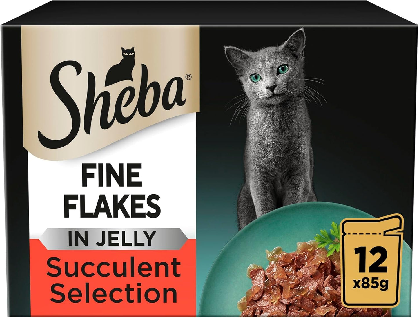 Sheba Fine Flakes Wet Cat Food Pouches - MultiPack Succulent Collection with Beef, Chicken, Lamb and Turkey in Jelly, Pack of 4 (4 x 12 Pouches x 85 g)