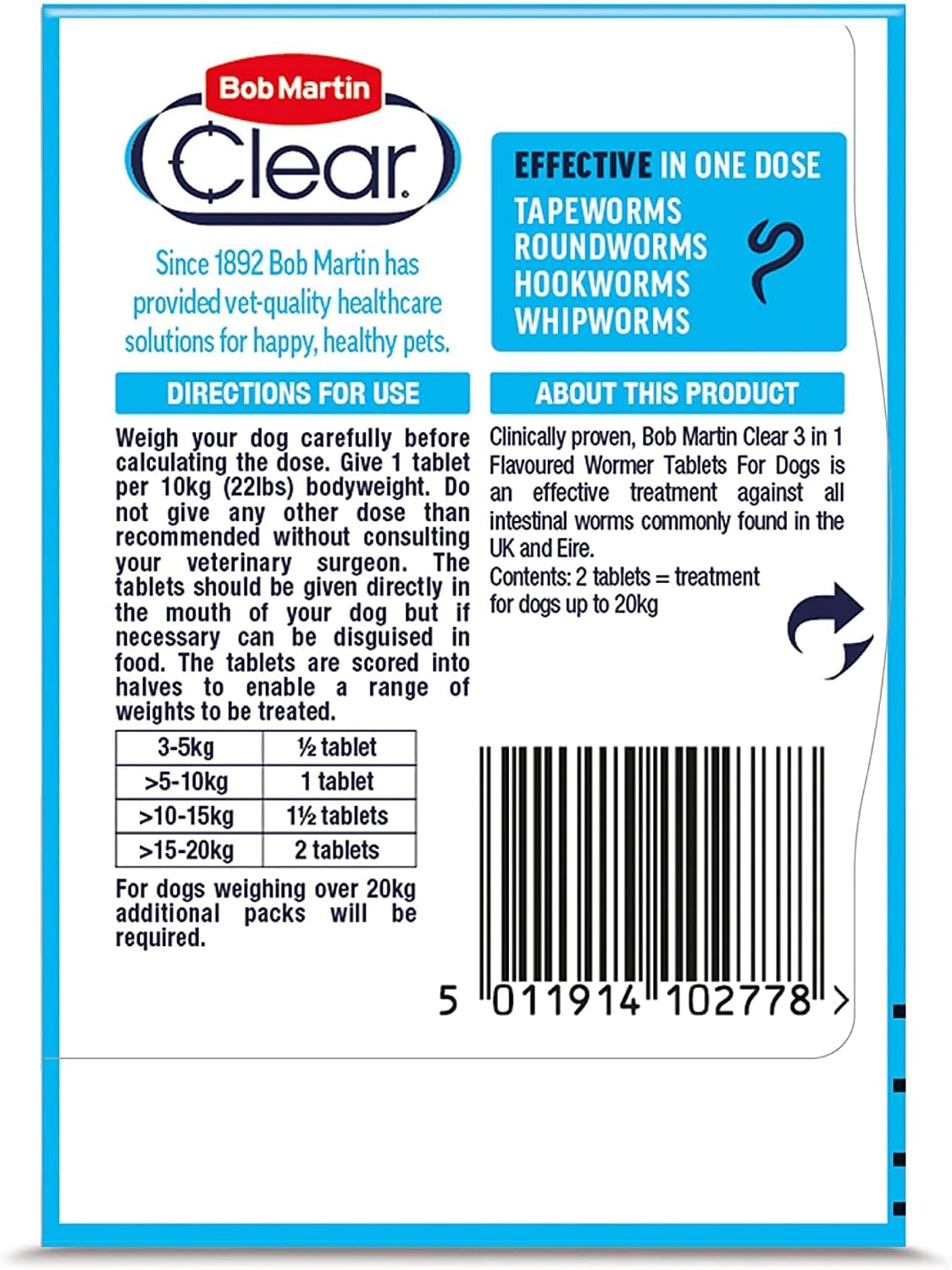 Bob Martin Clear 3-in-1 Wormer Tablets for Dogs Up To 20kg - 2 Tablets