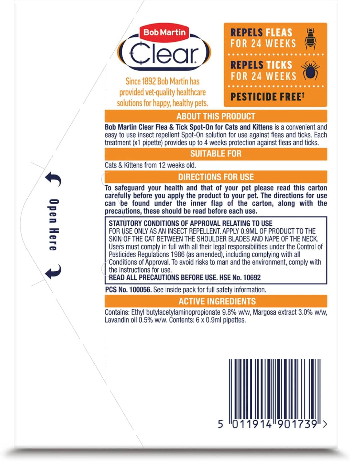 Bob Martin Clear Spot On Flea and Tick Repellent for Cats and Kittens - Pesticide-Free Protection (6 Pipettes)