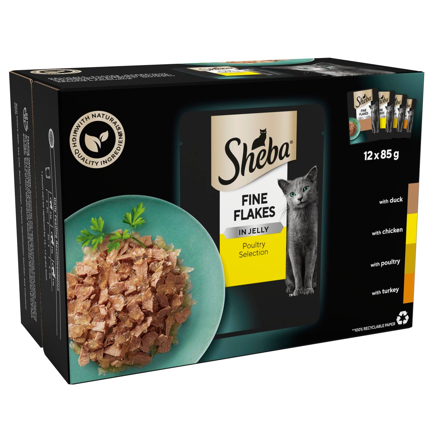 Sheba Fine Flakes Wet Cat Food Pouches - MultiPack Succulent Collection with Beef, Chicken, Lamb and Turkey in Jelly, Pack of 4 (4 x 12 Pouches x 85 g)