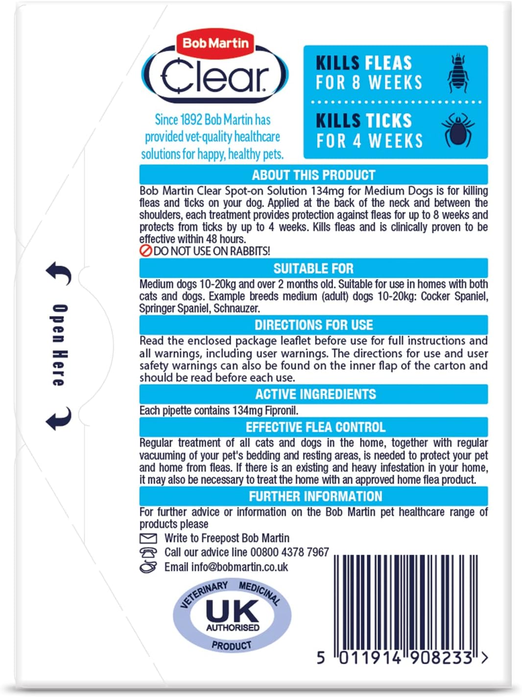 Bob Martin Clear Spot On Flea Treatment for Medium Dogs (10-20kg) - Kills Fleas & Ticks (3 Pipettes)