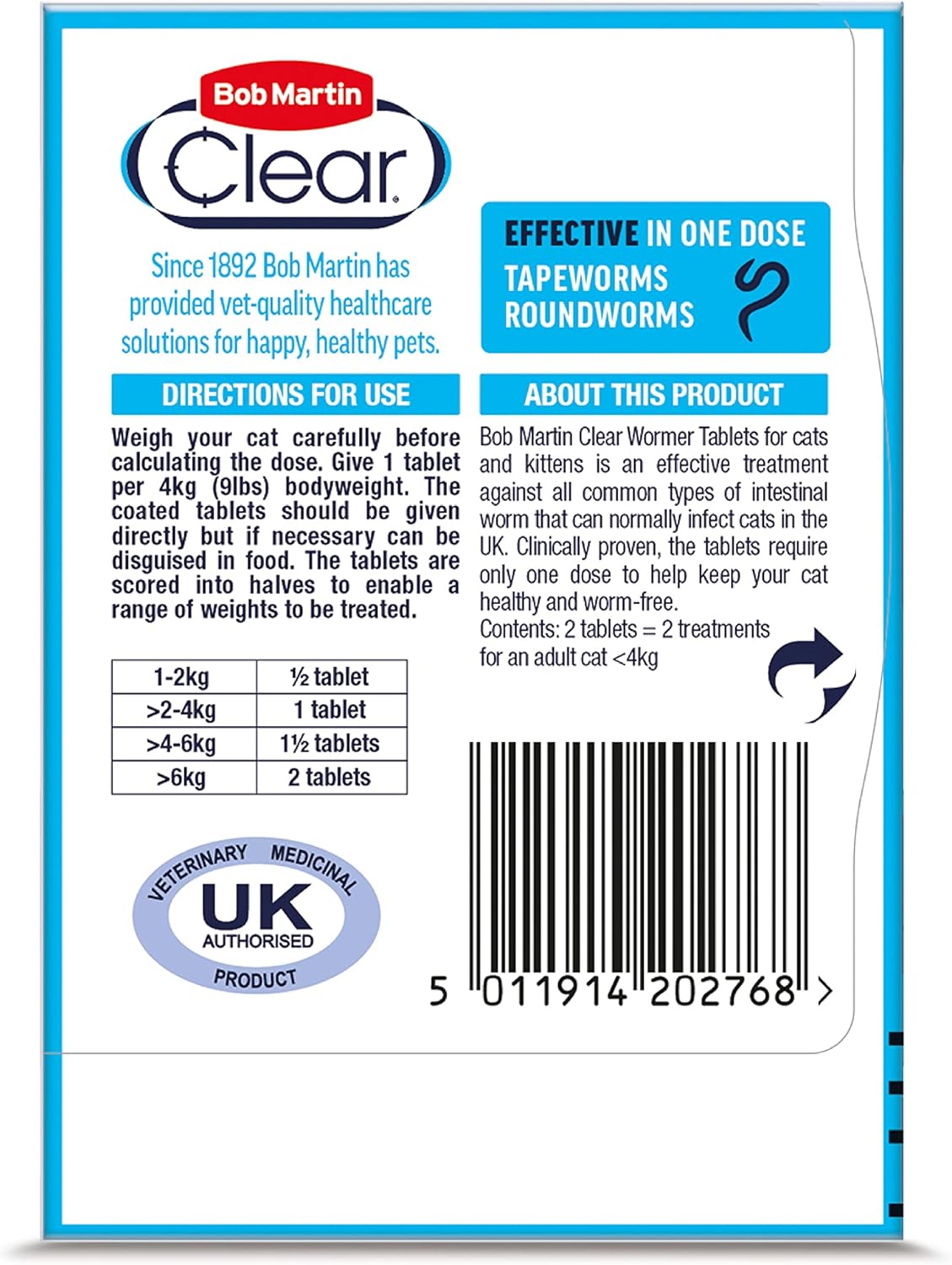 Bob Martin Clear Wormer Treatment for Cats (2 Tablets) - Suitable for Kittens, Clinically Proven Treatment