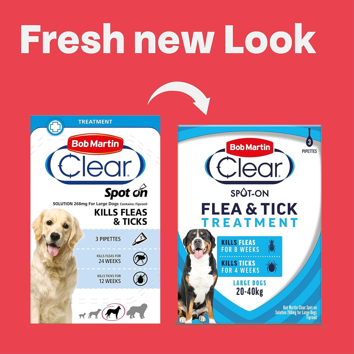 Bob Martin Clear Spot On Flea Treatment for Large Dogs (20-40kg) - Kills Fleas & Ticks (3 Pipettes)