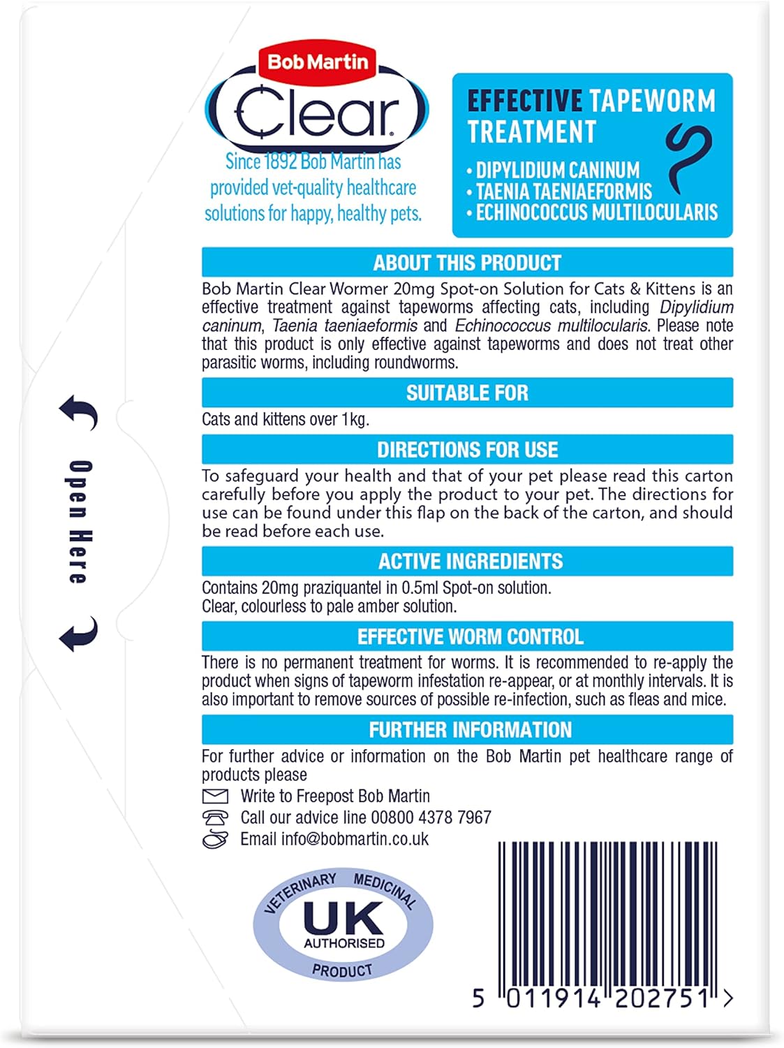 Bob Martin Clear Spot On Wormer for Cats & Kittens - 100% Effective Tapeworm Treatment (4 Pipettes)