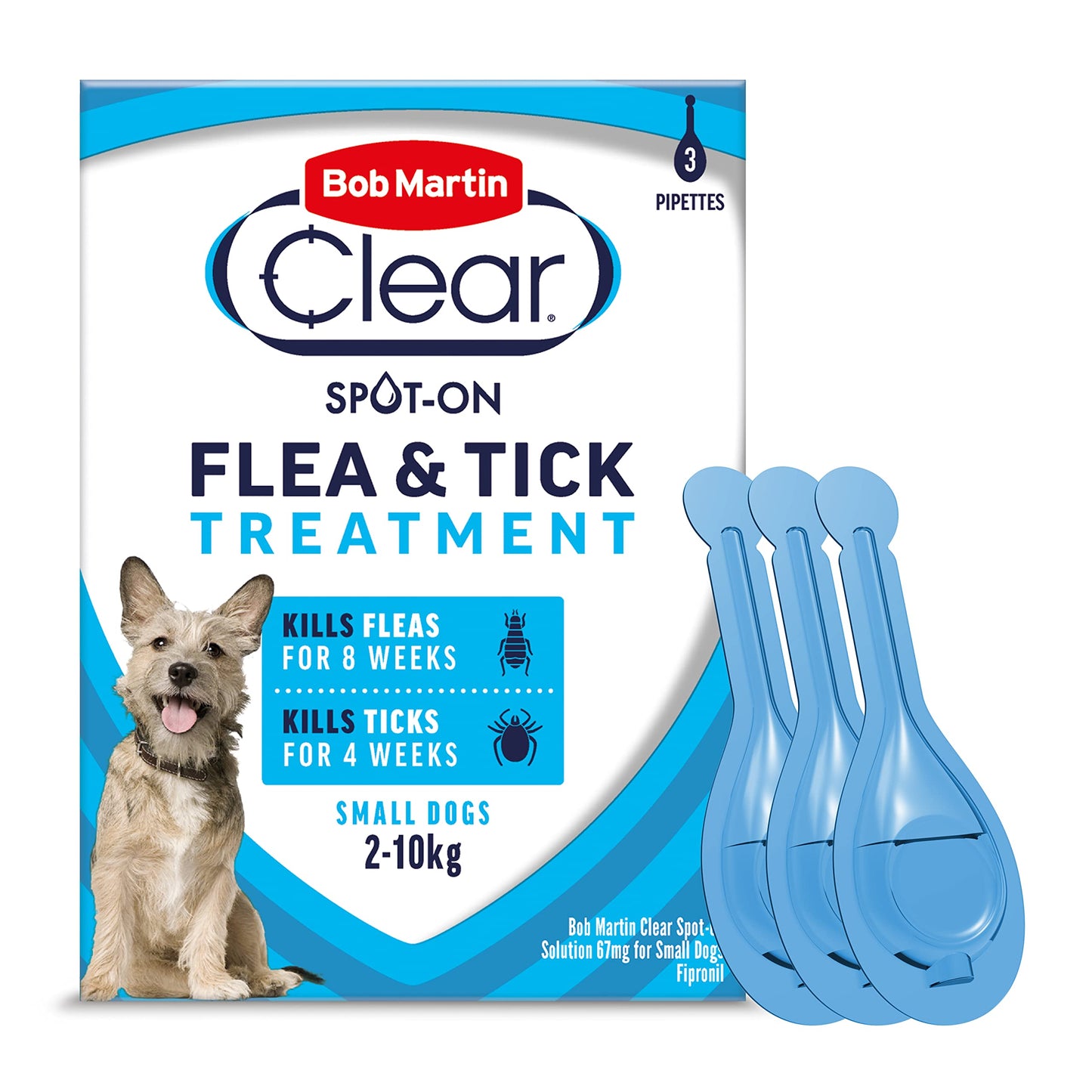 Bob Martin Clear Plus Spot On Flea Treatment for Small Dogs (2-10kg) - Kills Fleas, Ticks, Lice and Flea Eggs (3 Pipettes)
