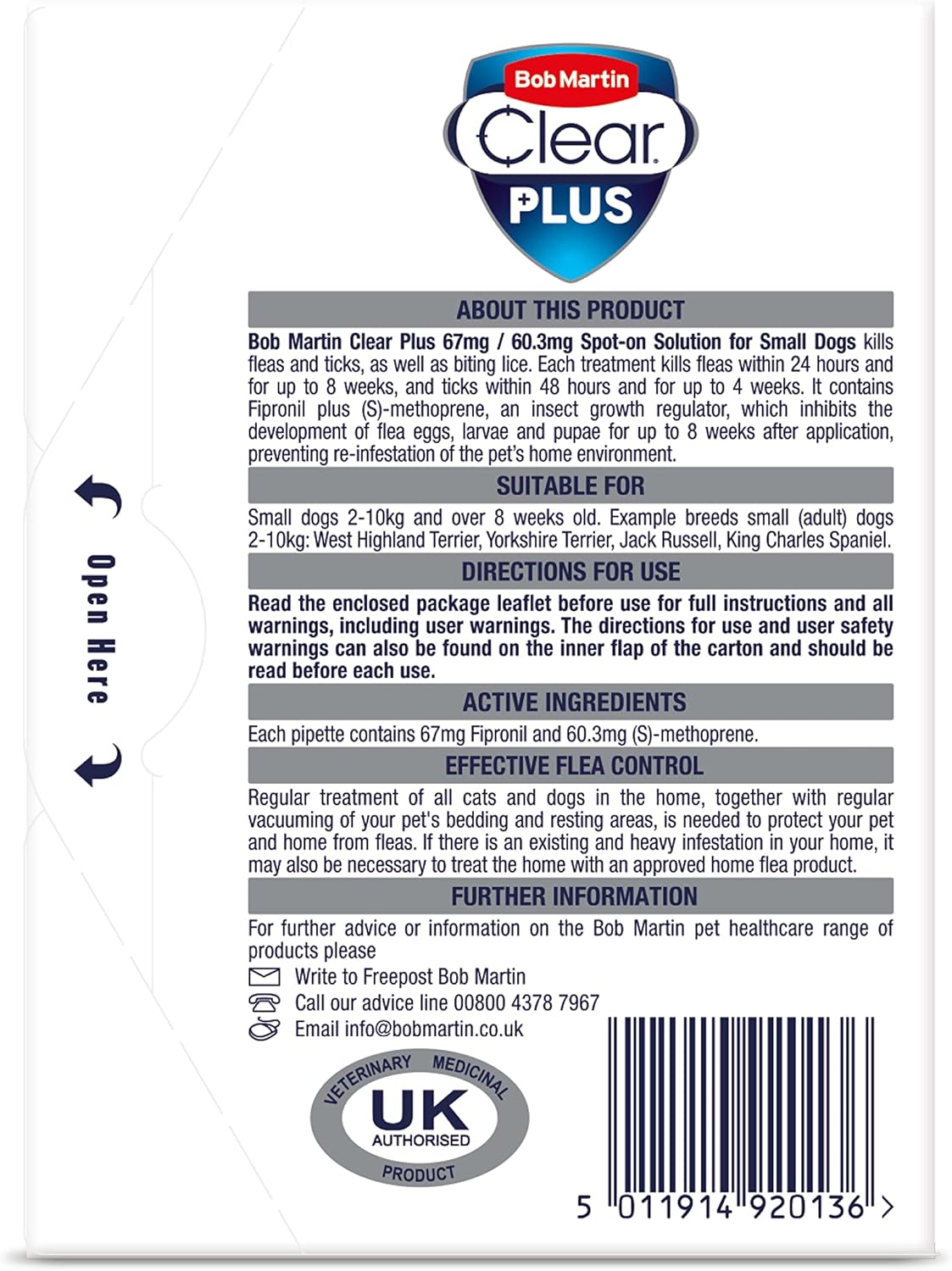 Bob Martin Clear Plus Spot On Flea Treatment for Small Dogs (2-10kg) - Kills Fleas, Ticks, Lice and Flea Eggs (3 Pipettes)