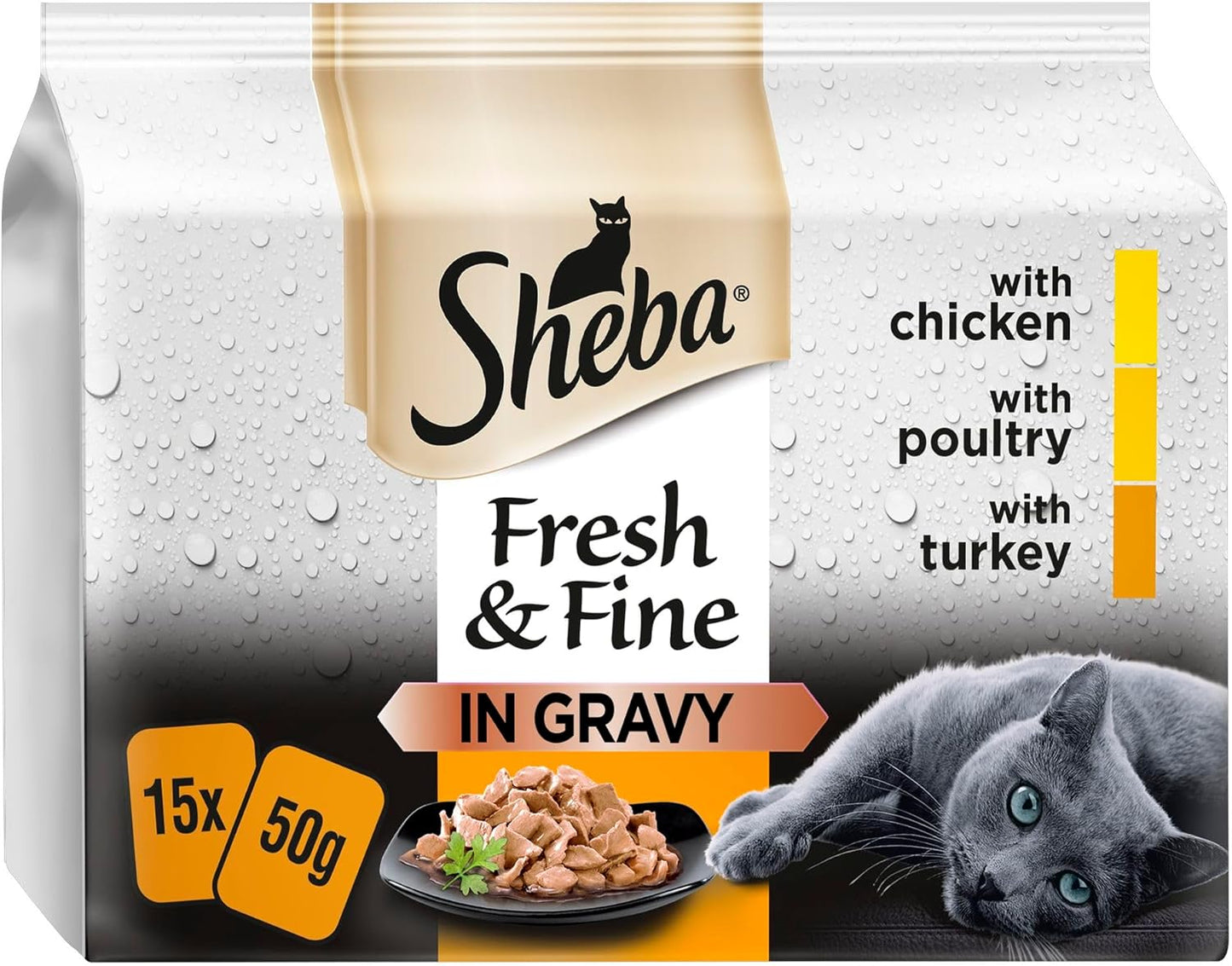 Sheba Cat Wet Food - Fresh and Fine - Cat Pouches Poultry in Gravy -3 x 15 x 50 g