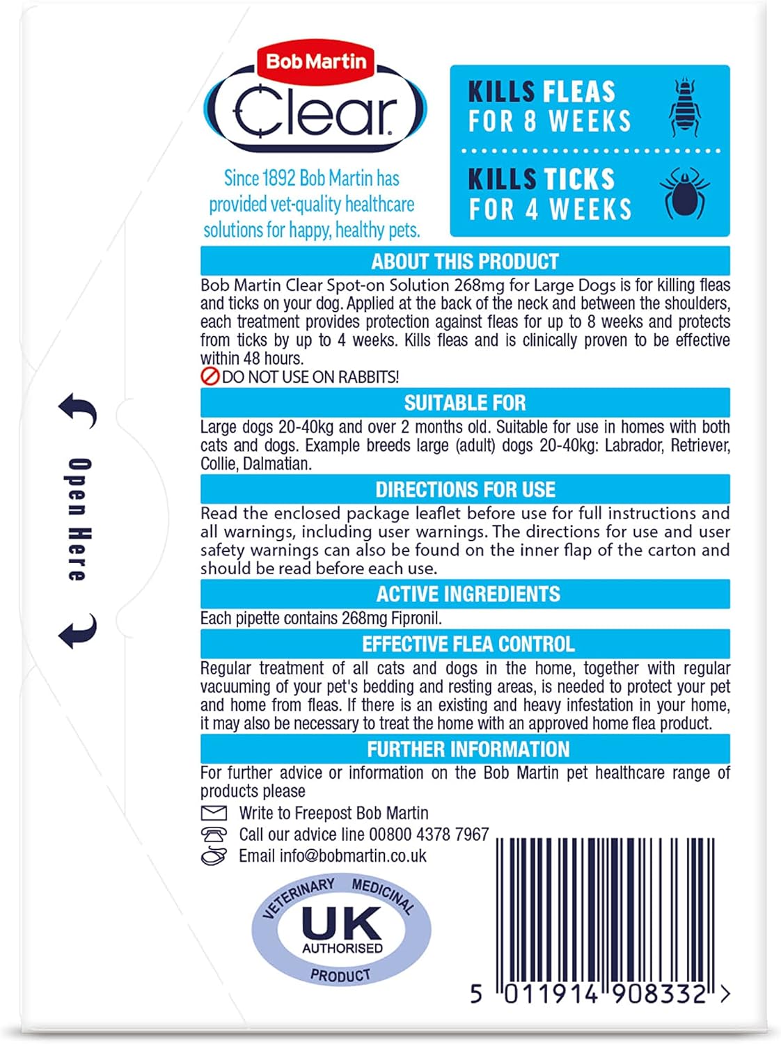 Bob Martin Clear Spot On Flea Treatment for Large Dogs (20-40kg) - Kills Fleas & Ticks (3 Pipettes)
