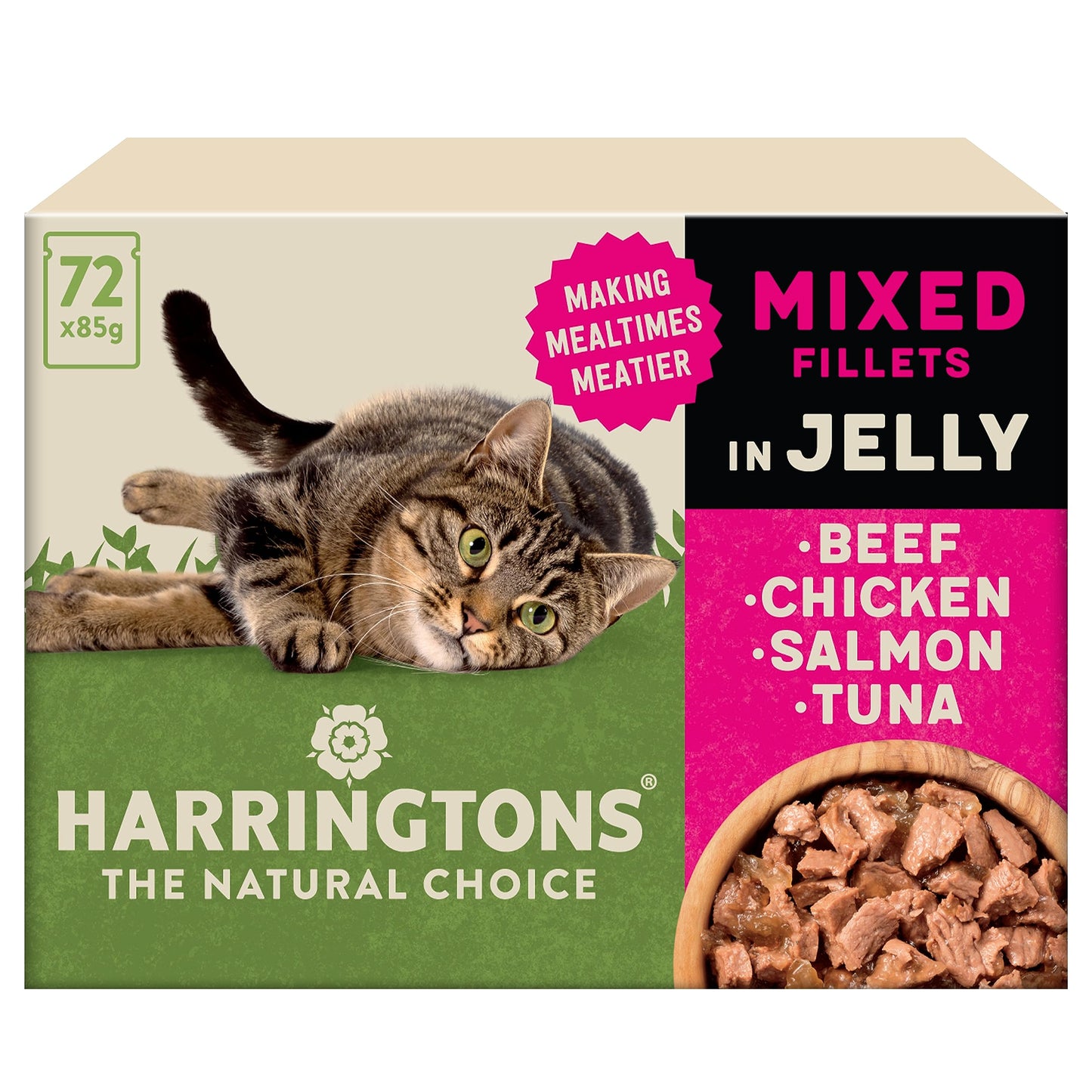 Harringtons Complete Wet Pouch Grain Free Hypoallergenic Adult Cat Food Mixed in Jelly Pack 40x85g - Beef, Chicken, Salmon & Tuna- Making Mealtimes Meatier