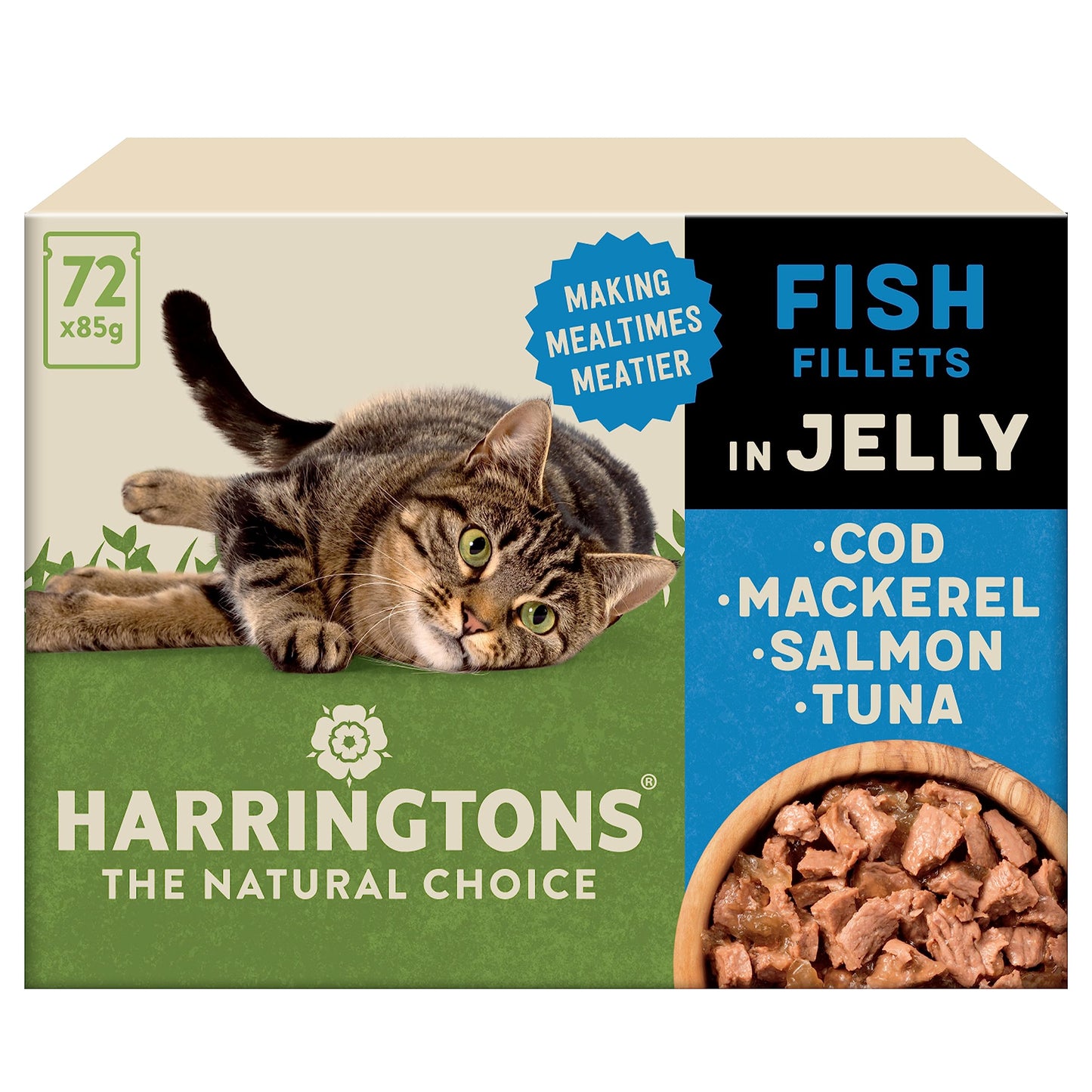Harringtons Complete Wet Pouch Grain Free Hypoallergenic Adult Cat Food Mixed in Jelly Pack 40x85g - Beef, Chicken, Salmon & Tuna- Making Mealtimes Meatier
