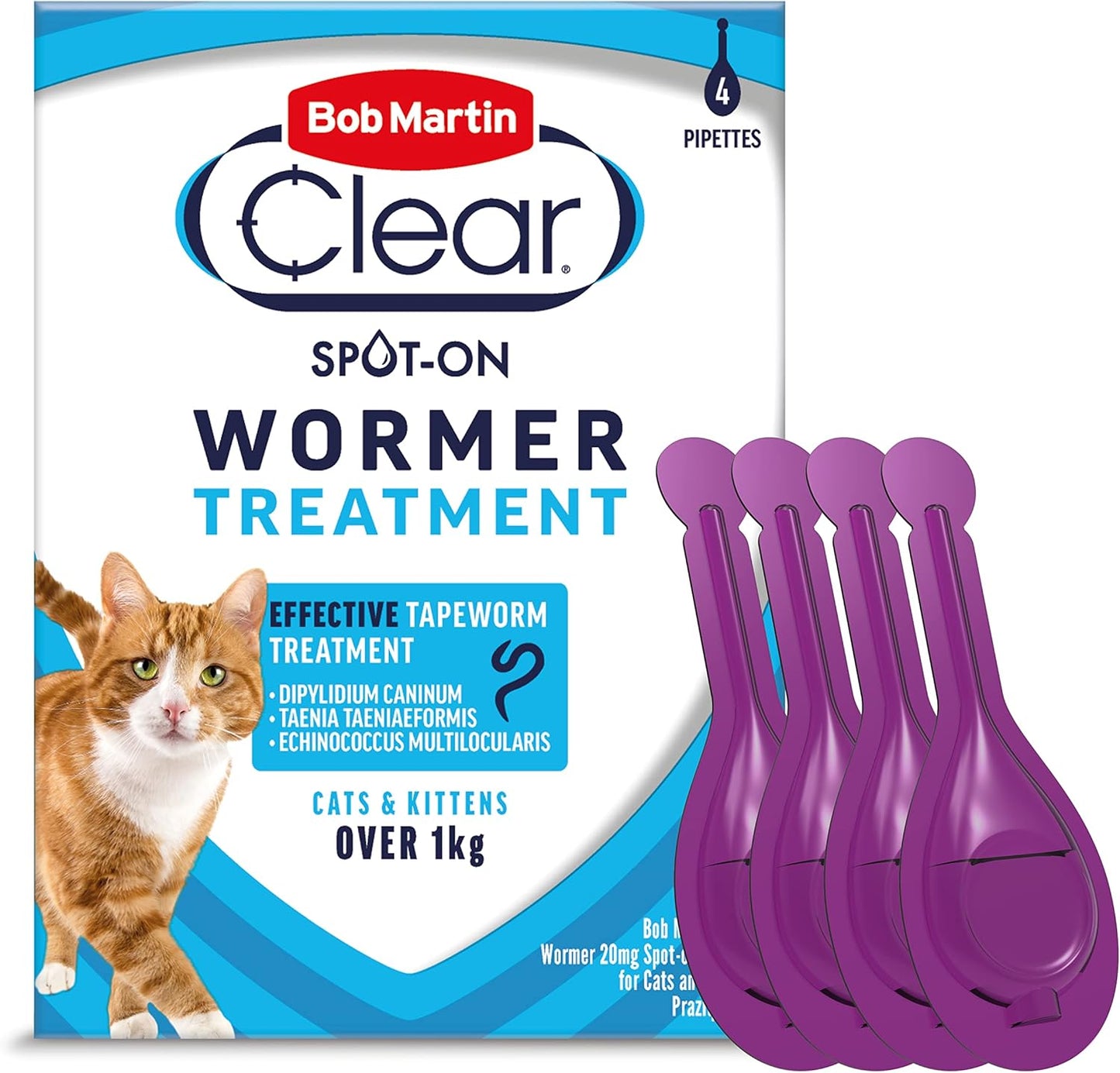 Bob Martin Clear Spot On Wormer for Cats & Kittens - 100% Effective Tapeworm Treatment (4 Pipettes)