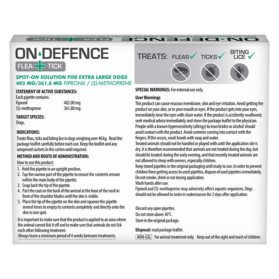 On Defence Flea And Tick Spot On Solution For Extra Large Dogs Over 40kg