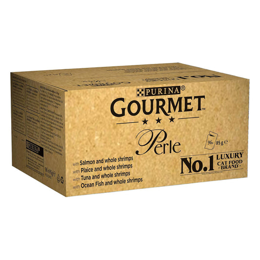 Gourmet Perle Adult Wet Cat Food Ocean Delicacies in Gravy with Salmon, Tuna, Plaice, Whitefish 4 x 12 x 85g Packs