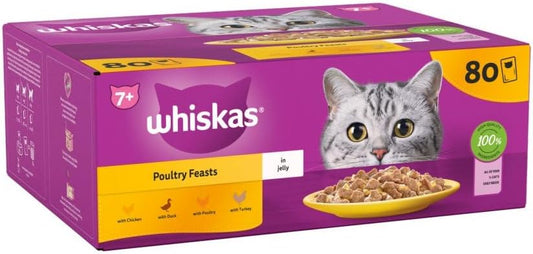 Whiskas 7+ Poultry Feasts Senior Wet Cat Food Pouches in Jelly 80 × 85g Pouches