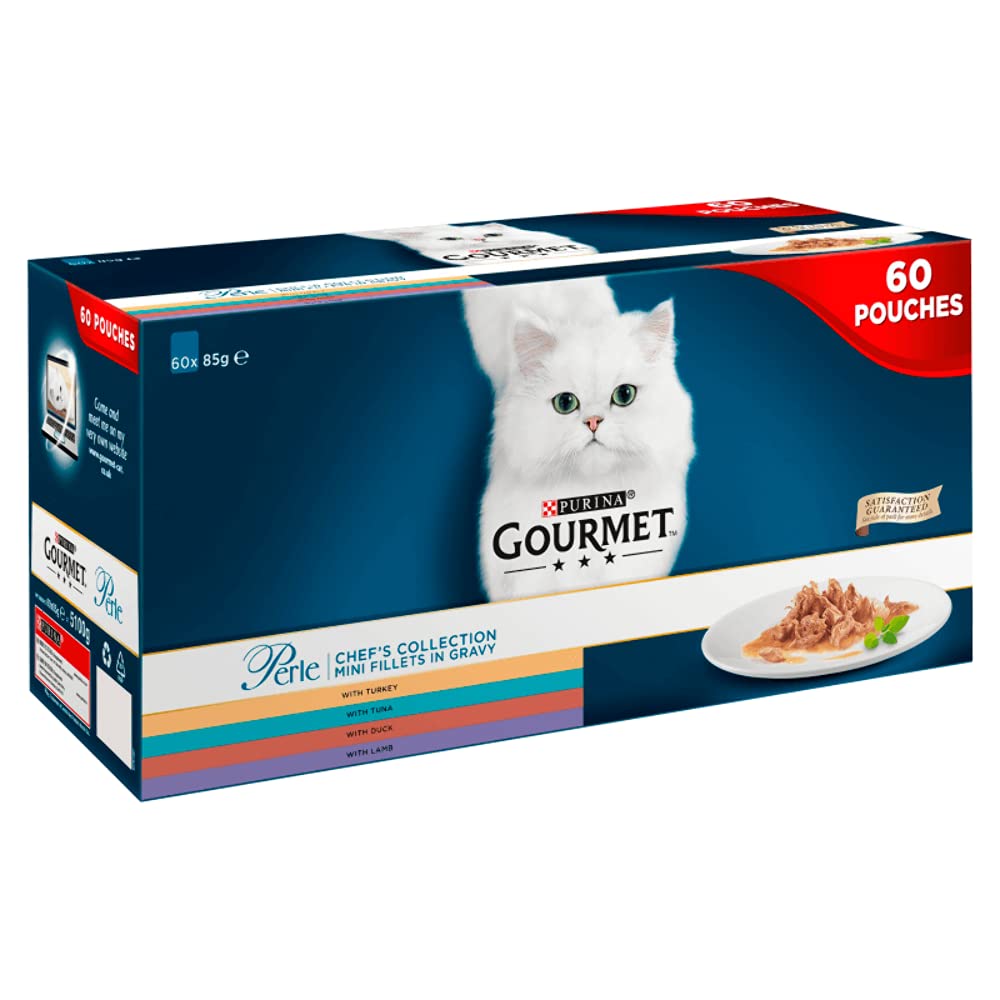 Gourmet Perle Adult Wet Cat Food Ocean Delicacies in Gravy with Salmon, Tuna, Plaice, Whitefish 4 x 12 x 85g Packs