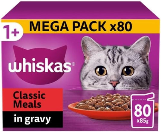 Whiskas 1+ Classic Meals Adult Wet Cat Food Pouches in Gravy 80 × 85g Pouches (Classic Meaty Meal)