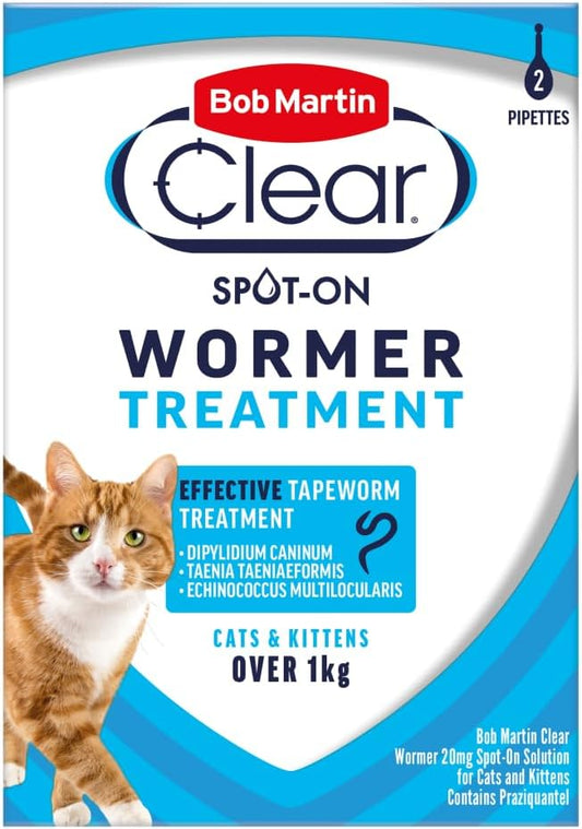 Bob Martin Clear Spot On Wormer for Cats and Kittens - 100 Percent Effective Tapeworm Treatment (2 Pipettes)