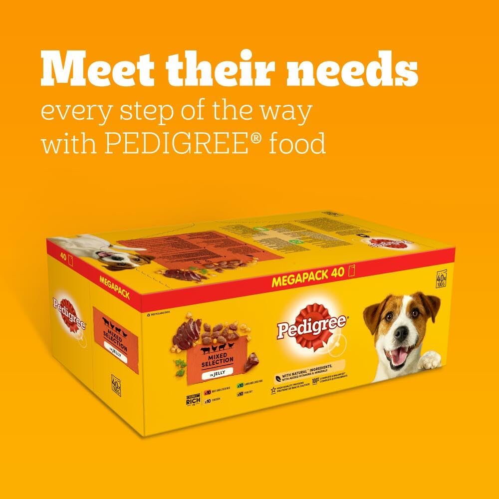 Pedigree Mixed Selection in Jelly 40 Pouches, Adult Wet Dog Food, Megapack (40 x 100 g)
