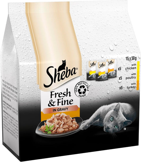 Sheba Cat Wet Food - Fresh and Fine - Cat Pouches Poultry in Gravy -3 x 15 x 50 g