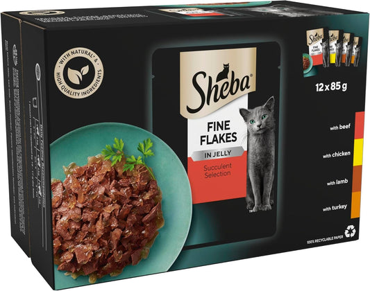 Sheba Fine Flakes Wet Cat Food Pouches - MultiPack Succulent Collection with Beef, Chicken, Lamb and Turkey in Jelly, Pack of 4 (4 x 12 Pouches x 85 g)