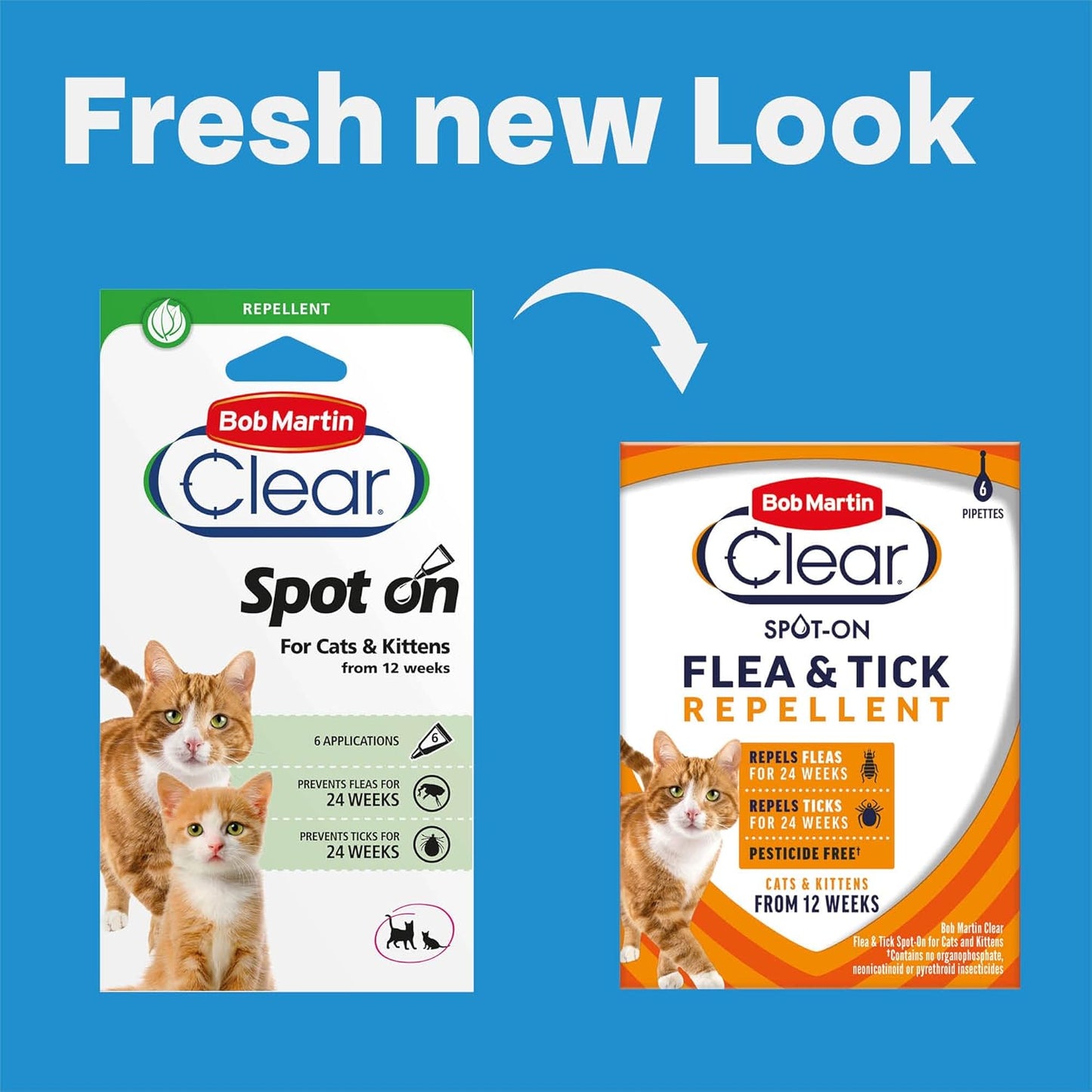 Bob Martin Clear Spot On Flea and Tick Repellent for Cats and Kittens - Pesticide-Free Protection (6 Pipettes)
