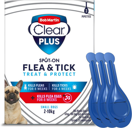 Bob Martin Clear Plus Spot On Flea Treatment for Small Dogs (2-10kg) - Kills Fleas, Ticks, Lice and Flea Eggs (3 Pipettes)