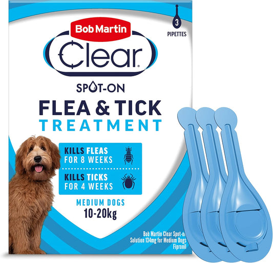 Bob Martin Clear Spot On Flea Treatment for Medium Dogs (10-20kg) - Kills Fleas & Ticks (3 Pipettes)