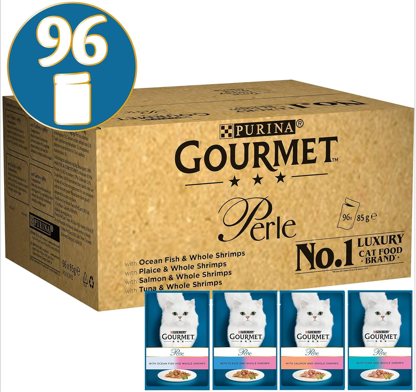 Gourmet Perle Adult Wet Cat Food Ocean Delicacies in Gravy with Salmon, Tuna, Plaice, Whitefish 4 x 12 x 85g Packs
