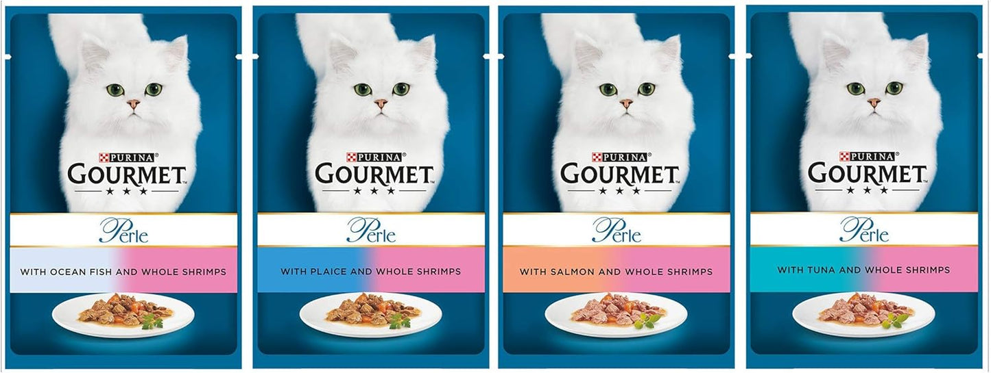 Gourmet Perle Adult Wet Cat Food Ocean Delicacies in Gravy with Salmon, Tuna, Plaice, Whitefish 4 x 12 x 85g Packs