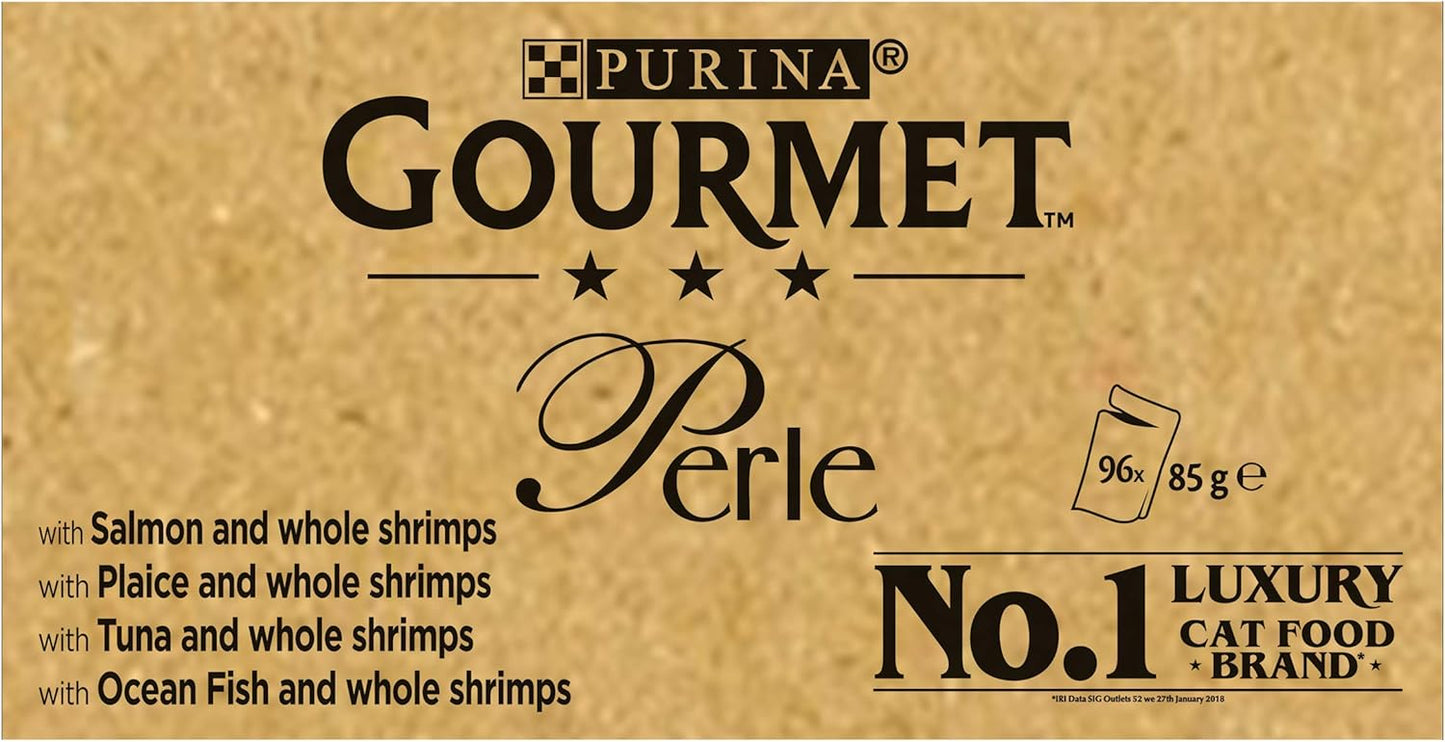 Gourmet Perle Adult Wet Cat Food Ocean Delicacies in Gravy with Salmon, Tuna, Plaice, Whitefish 4 x 12 x 85g Packs