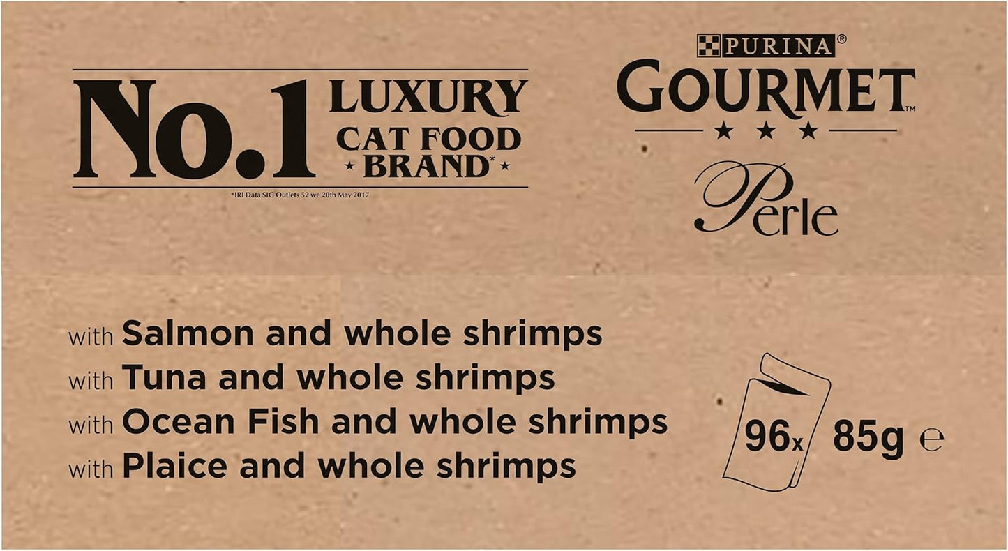 Gourmet Perle Adult Wet Cat Food Ocean Delicacies in Gravy with Salmon, Tuna, Plaice, Whitefish 4 x 12 x 85g Packs