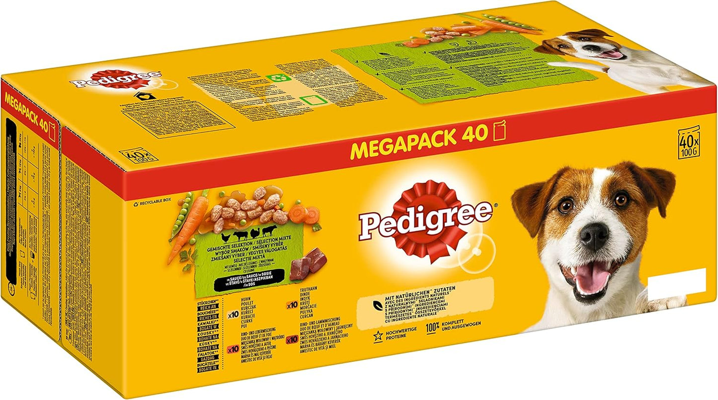 Pedigree Mixed Selection in Gravy 40 Pouches, Adult Wet Dog Food, Megapack (40 x 100 g)