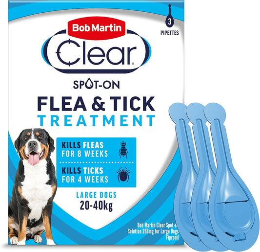 Bob Martin Clear Spot On Flea Treatment for Large Dogs (20-40kg) - Kills Fleas & Ticks (3 Pipettes)