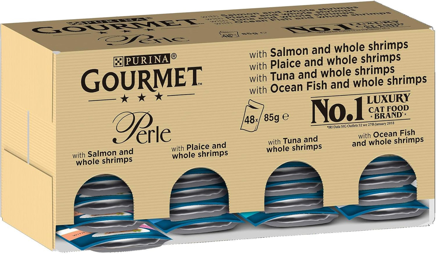 Gourmet Perle Adult Wet Cat Food Ocean Delicacies in Gravy with Salmon, Tuna, Plaice, Whitefish 4 x 12 x 85g Packs