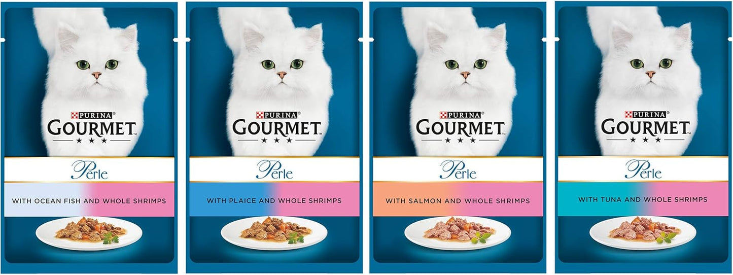 Gourmet Perle Adult Wet Cat Food Ocean Delicacies in Gravy with Salmon, Tuna, Plaice, Whitefish 4 x 12 x 85g Packs