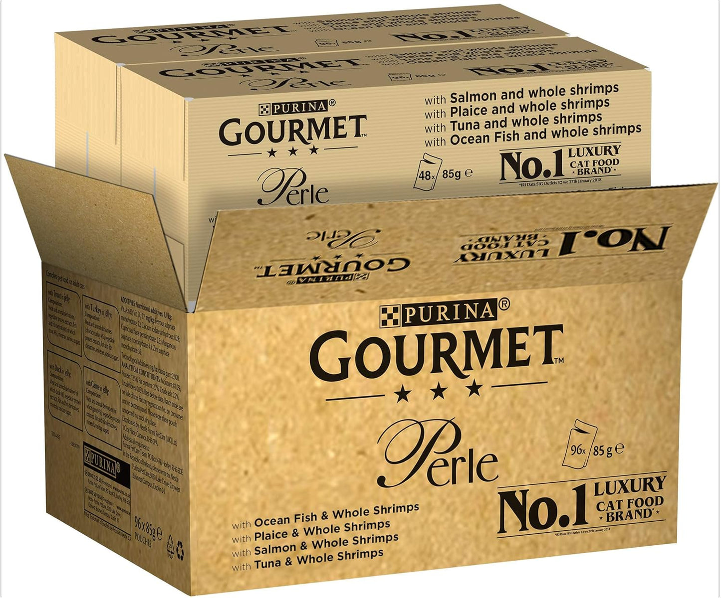 Gourmet Perle Adult Wet Cat Food Ocean Delicacies in Gravy with Salmon, Tuna, Plaice, Whitefish 4 x 12 x 85g Packs