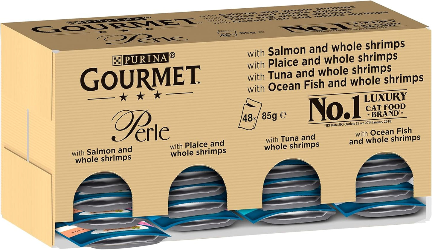 Gourmet Perle Adult Wet Cat Food Ocean Delicacies in Gravy with Salmon, Tuna, Plaice, Whitefish 4 x 12 x 85g Packs